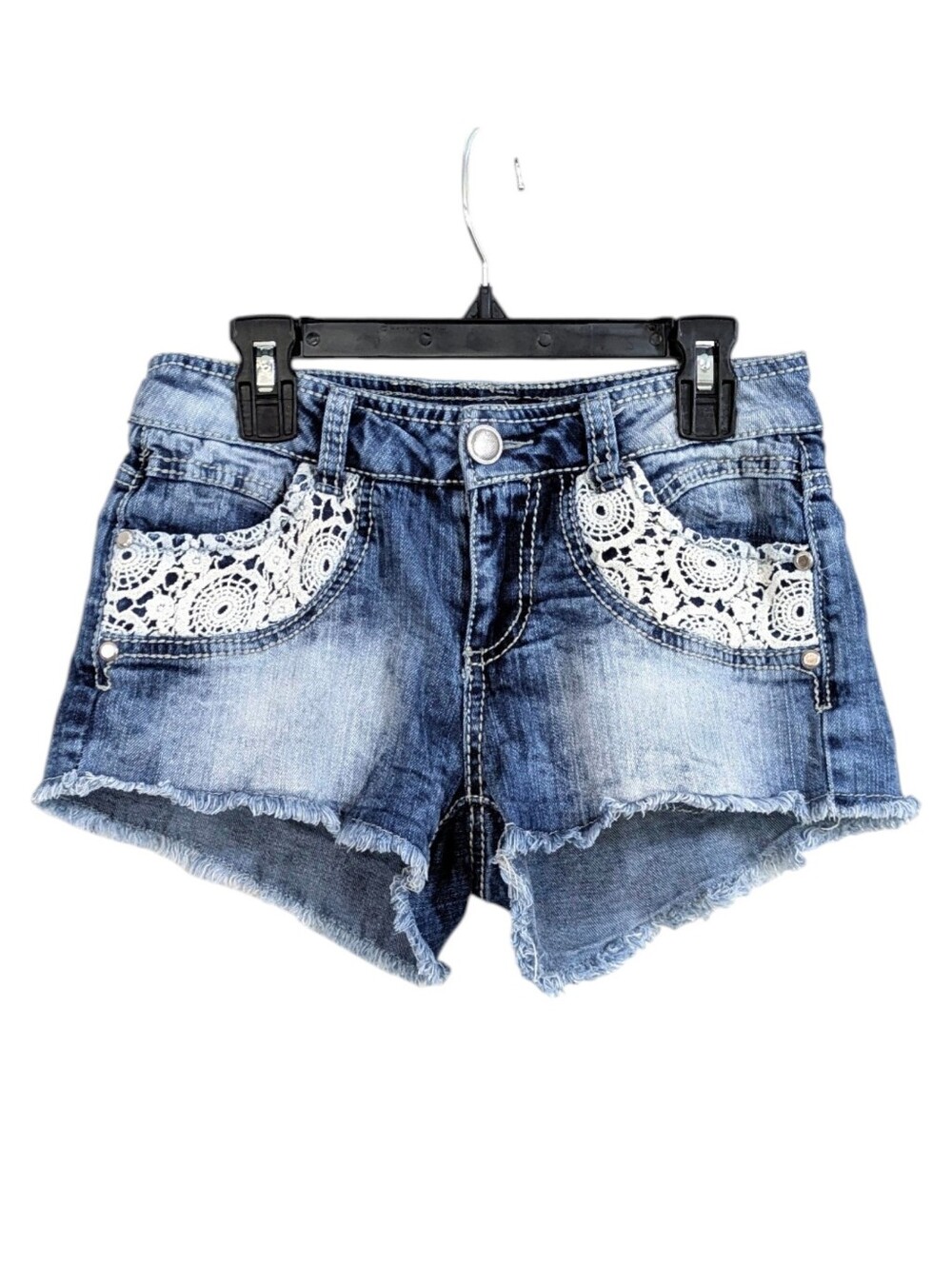 NoBo Crocheted Lace Accent Cutoff Jean Shorts - Size 5 Juniors Womens Denim